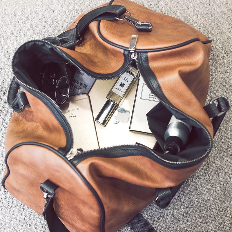 

Men Leather Travel Bag Large Duffel Round Tote Women Men's Gymnastic Bags for Male Handbags Female Crossbody Shoulder XA180WC
