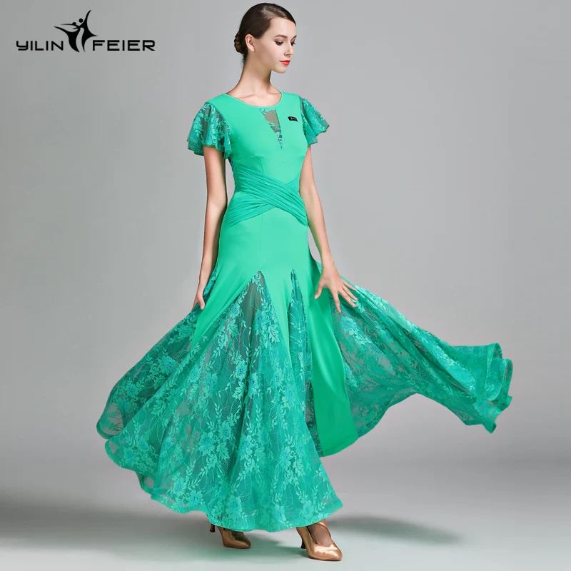 YILINFEIER modern dance skirt dress S7012 national standard lace ballroom long | Тематическая одежда и униформа