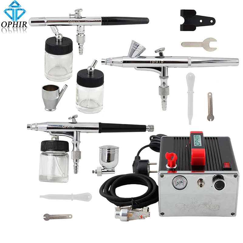 

OPHIR Pro 3-Airbrush Set 0.2mm 0.3mm 0.35mm Dual-Action Kit with Air Compressor for Hobby Body Paint Nail Art _AC091+005+072+073