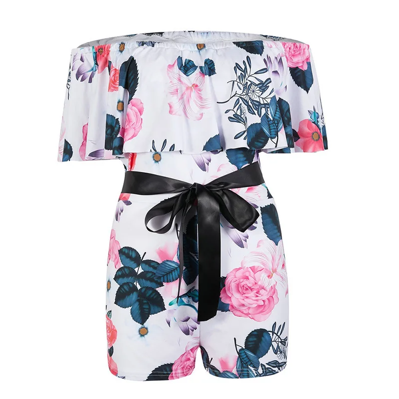 Slash Neck Bandage Bow Playsuit Women Short Sleeve Off Shoulder Vintage Boho Jumpsuit Rompers Ruffles Jumpsuits Summer SJ3123R |