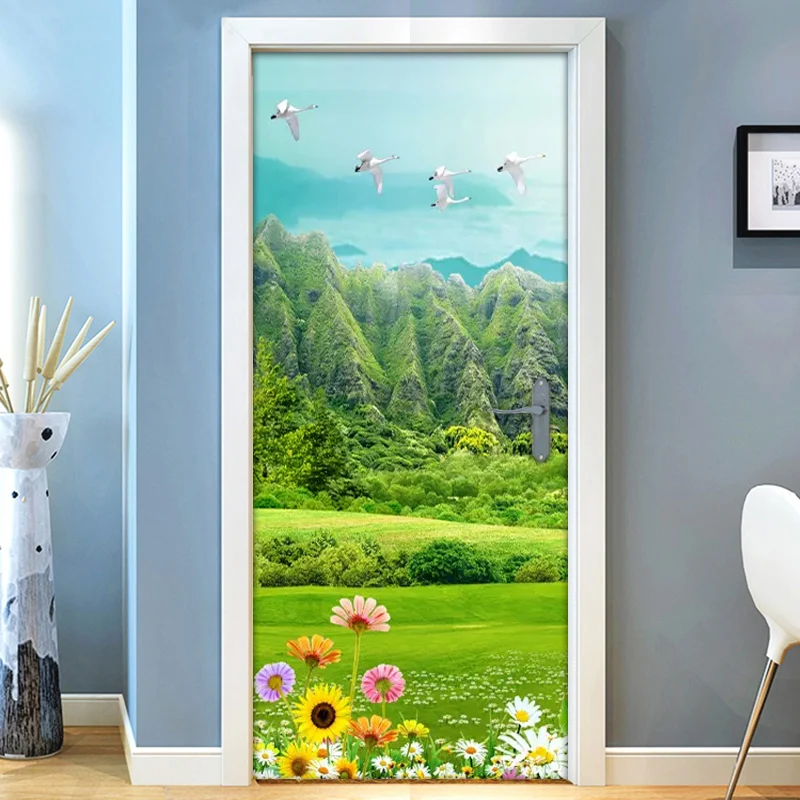 Green Mountain Grassland Floral Flower Door Sticker Wall Mural Wallpaper Decor PVC Waterproof Self-adhesive Poster Stickers | Дом и сад