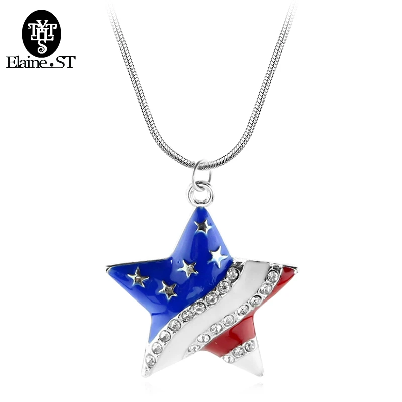 Trendy Fashion Jewelry Enamel Necklace American Flag Star with Clear Stones Pendant Necklaces for women Girls Gift | Украшения и