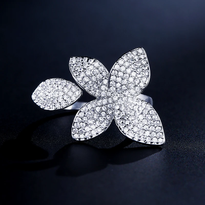 Роскошные AAA кубического циркония Micro Pave открытым кольца Установка цветок кольцо для женщин дамы обувь девочек роза кольца золотистого цвета Bague CR2034L