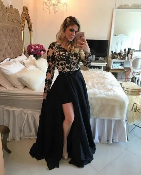 Illusion Long Sleeves Short Prom Dresses Lace Applique Bodice Button Detail And Detachable Skirt Gow | Свадьбы и торжества