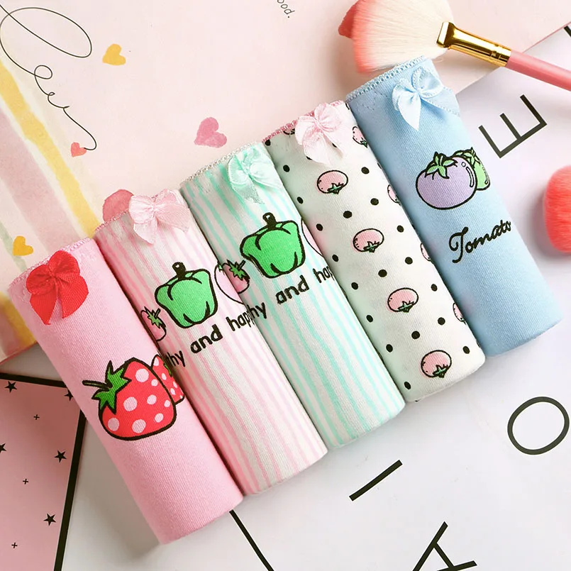 5 шт. с милым фруктовым Трусики для девочек модным принтом из хлопка бантиком