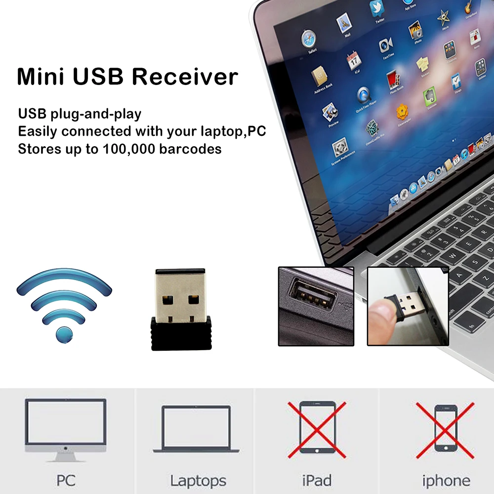 Symcode 1D 2 4G беспроводной USB сканер штрих кода с 100 метрами (330ft) Беспроводная передача