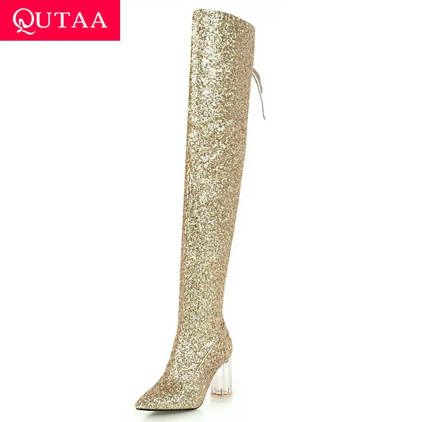 Женские сапоги-ботфорты QUTAA теплые прозрачные сапоги из искусственной кожи с