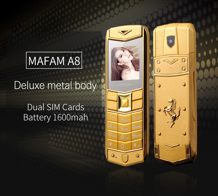 MAFAM A8 Русский Арабский испанский французский вибрации Роскошный металлический корпус автомобиля логотип мобильный телефон с двумя sim-картами кожаный чехол Подарок P234
