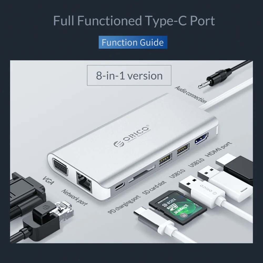 ORICO USB C концентратор type C-HDMI RJ45 VGA для MacBook samsung HUAWEI type C USB 3,0 концентратор 15 см usb-хаб
