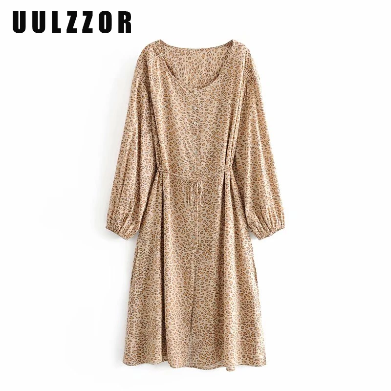 UULZZOR Summer women dress 2019 Leopard print long seleeves O-neck dresses Bohemian beach female casual High cut | Женская одежда