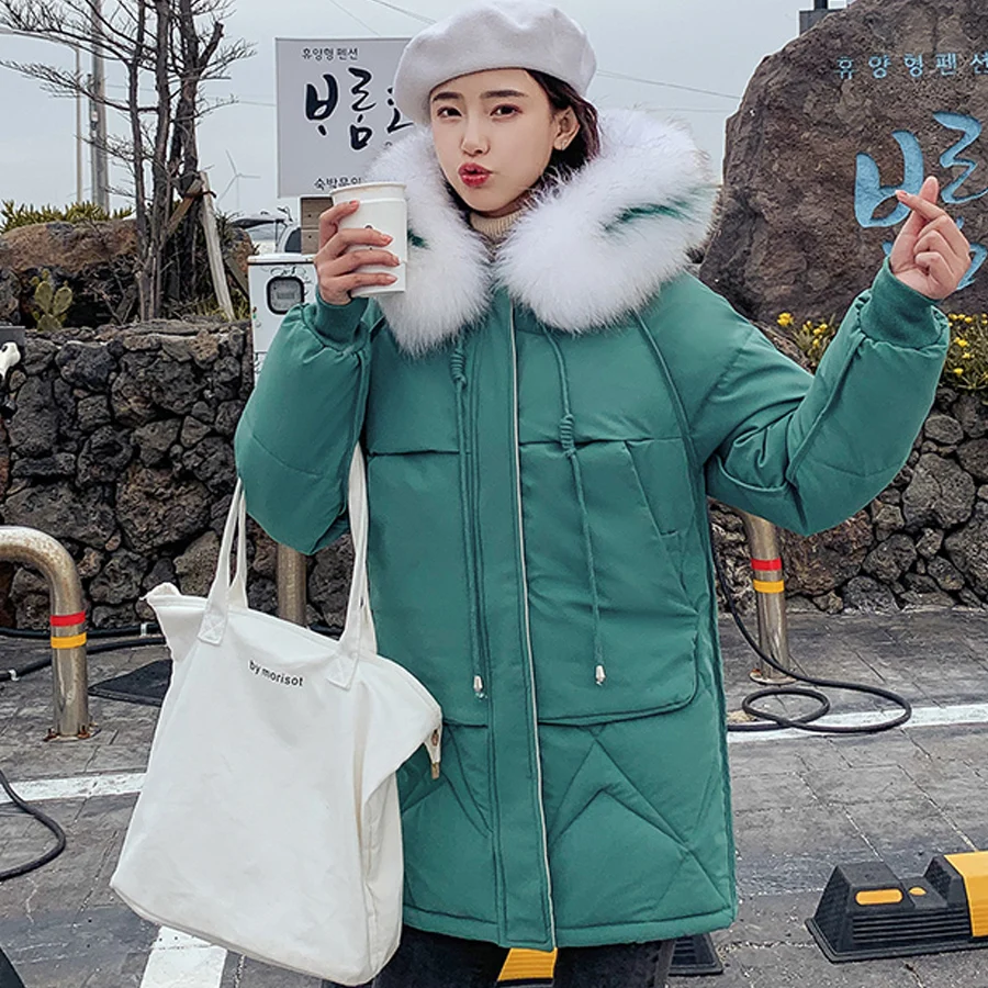 Candy colors winter coat women fashion large fur collar hooded thick warm jacket women Medium long parka outwear plus size
