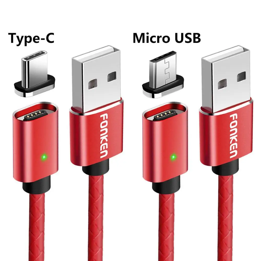 2 plug 2 Red cable FONKEN 2 в 1 Micro USB Магнитный кабель usb type-C Магнитный кабель для телефона 1 м светодиодный кабель из искусственной кожи для зарядки и синхронизации данных - Цвет: 2 plug 2 Red cable