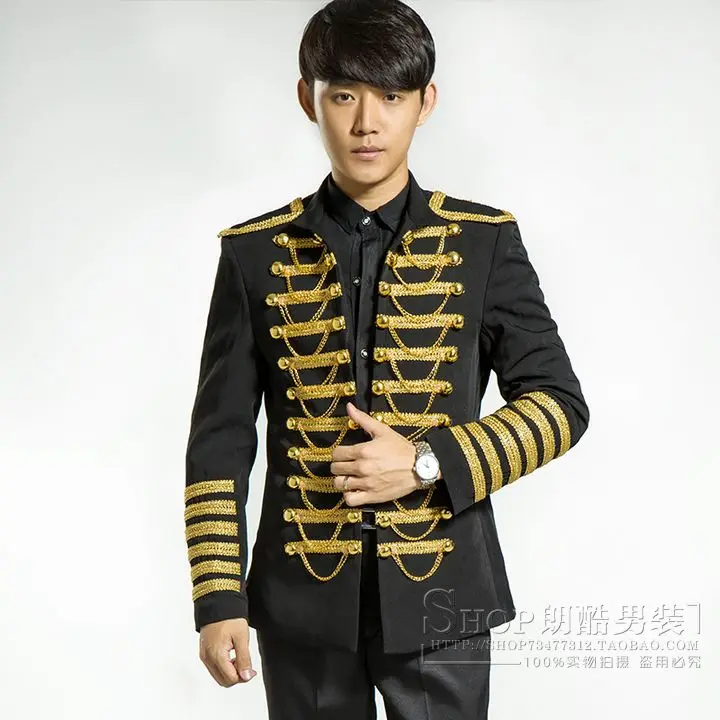 Модный бренд форма Для мужчин блейзеры золото Костюмы Slim черный певец Пром