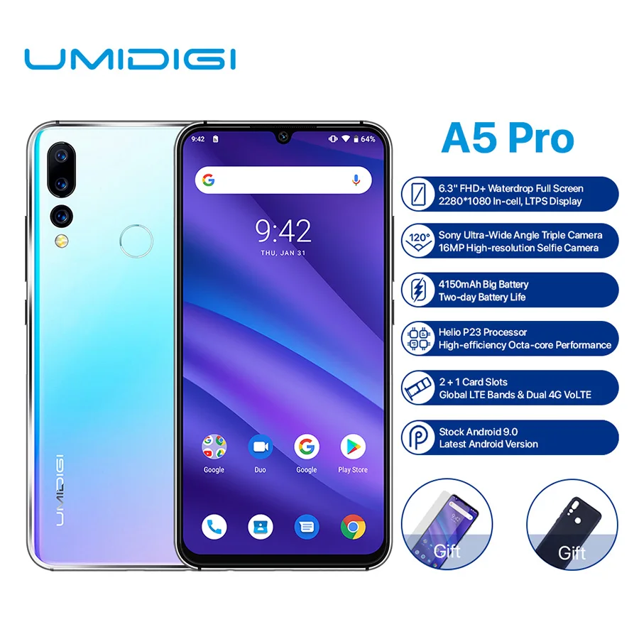 Global Version UMIDIGI A5 PRO Android 9.0 Octa Core 6.3'' FHD+ Waterdrop 16MP Triple Camera 4150mAh 4GB RAM 4G Mobile Phone|Смартфоны|