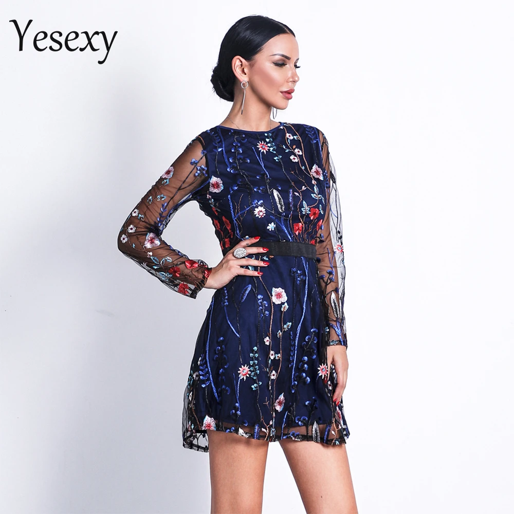 Женское кружевное платье Yesexy Осеннее Прозрачное с круглым вырезом и длинным