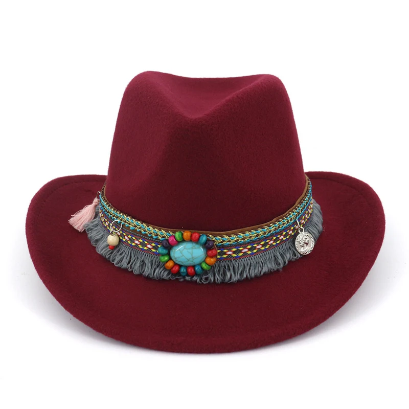 QBHAT 2020 Handmade Wide Brim Cowboy Fedora Wool Felt Jazz Hat Cap Ethnic Ribbon Decor Men Women Carnival Hats for Unisex | Аксессуары