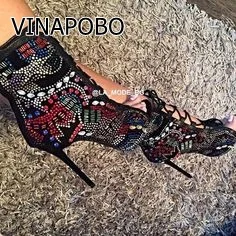 Хит продаж 2018 женские ботинки на высоком каблуке с открытым носком и кристаллами