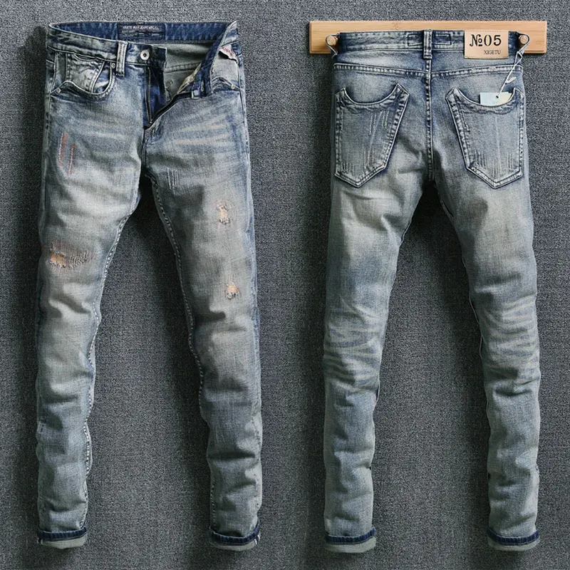 

Italy Style Fashion Men Jeans Retro Wash Slim Fit Classical Ripped Jeans Men Elastic Denim Pants homme Streetwear Hip Hop Jeans