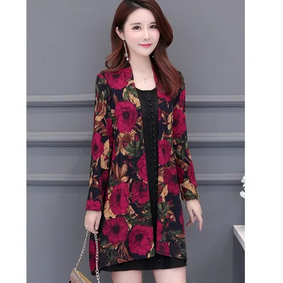 flower color UHYTGF Autumn trench coat Womens fashion folk-custom printing Cardigan shawl thin outerwear Long sleeve loose plus size coats 83 - Цвет: flower color
