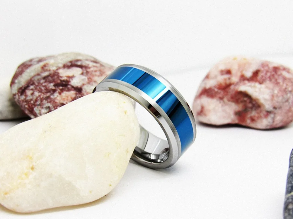 Мужское обручальное кольцо вольфрамовое синее полированное с матовой
