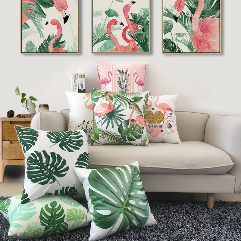 

Nordic Home Decorative Cushion Cover Soft Velvet Pink Flamingo Tropical Leaves, Grey Cactus Cushions Case Pillow Case 45x45cm