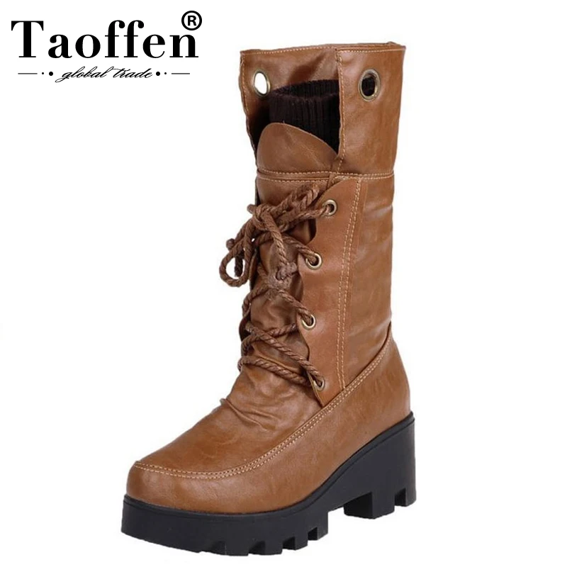 Женские ботинки на меху taofen теплые до середины икры толстой подошве со шнуровкой