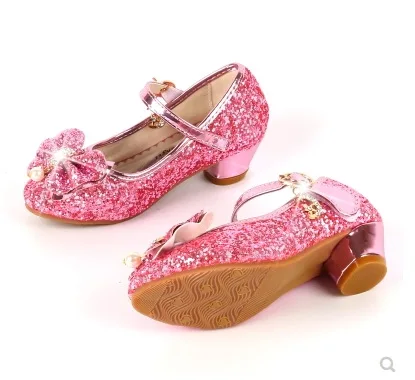 

NEW Kids Leather Shoes For Girls Flower Casual Glitter Children High Heel Girls Shoes Butterfly Knot Blue Pink Silver J38