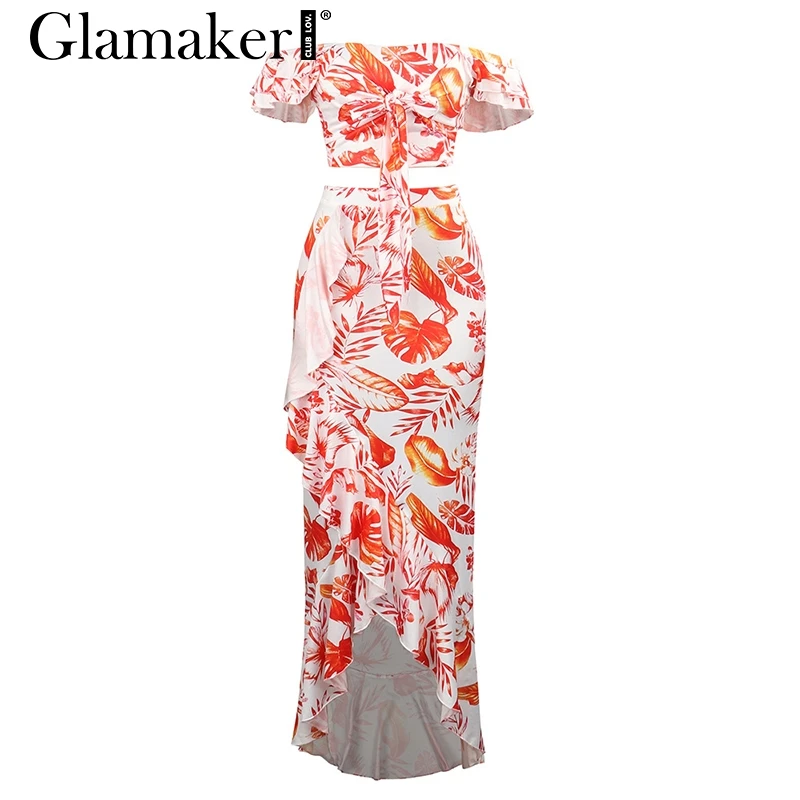 Glamaker, сексуальное платье с асимметричным подолом с оборками, длинное платье для вечеринки, женское платье с открытыми плечами, комплект из 2 предметов, летнее Клубное платье, женское цветочное Пляжное Платье Макси