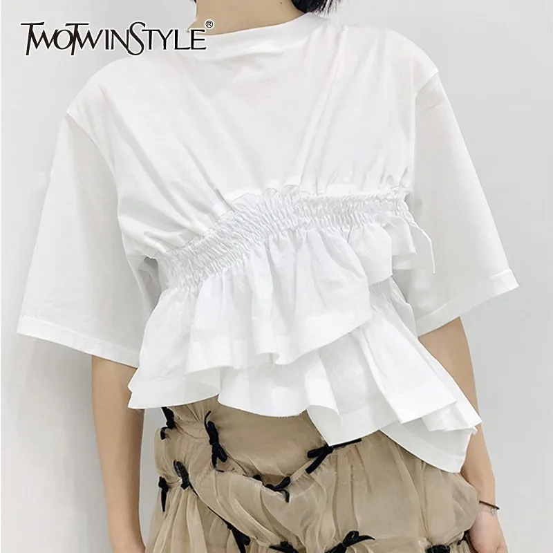 Женская Асимметричная блузка TWOTWINSTYLE белая футболка с круглым вырезом