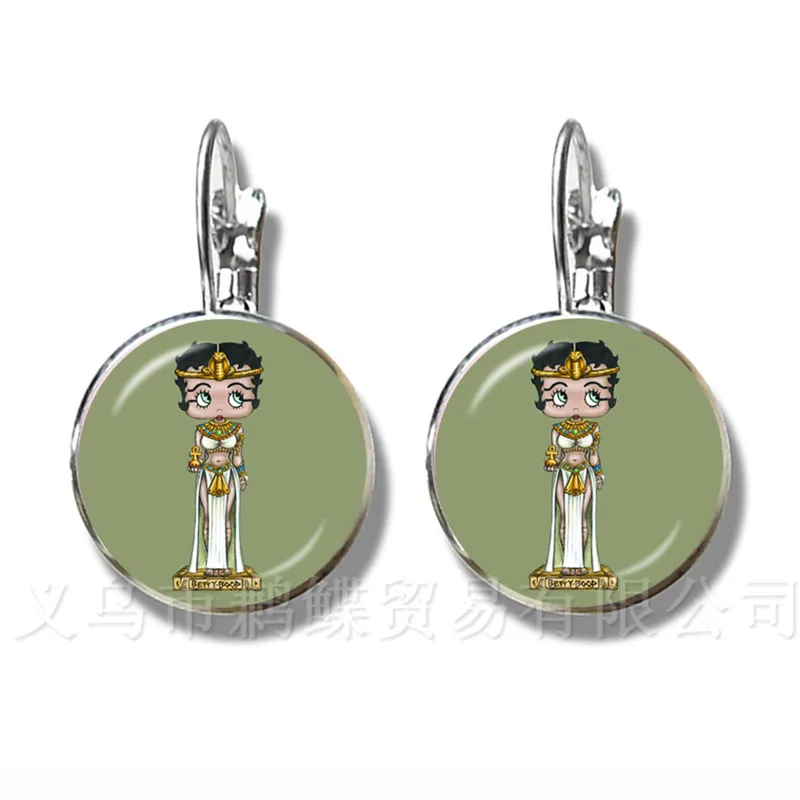 

New Betty Boop Stud Earrings Harajuku Cute Cartoon Picture 16mm Glass Dome Cabochon Earrings Fashion Jewelry Funs Gifts