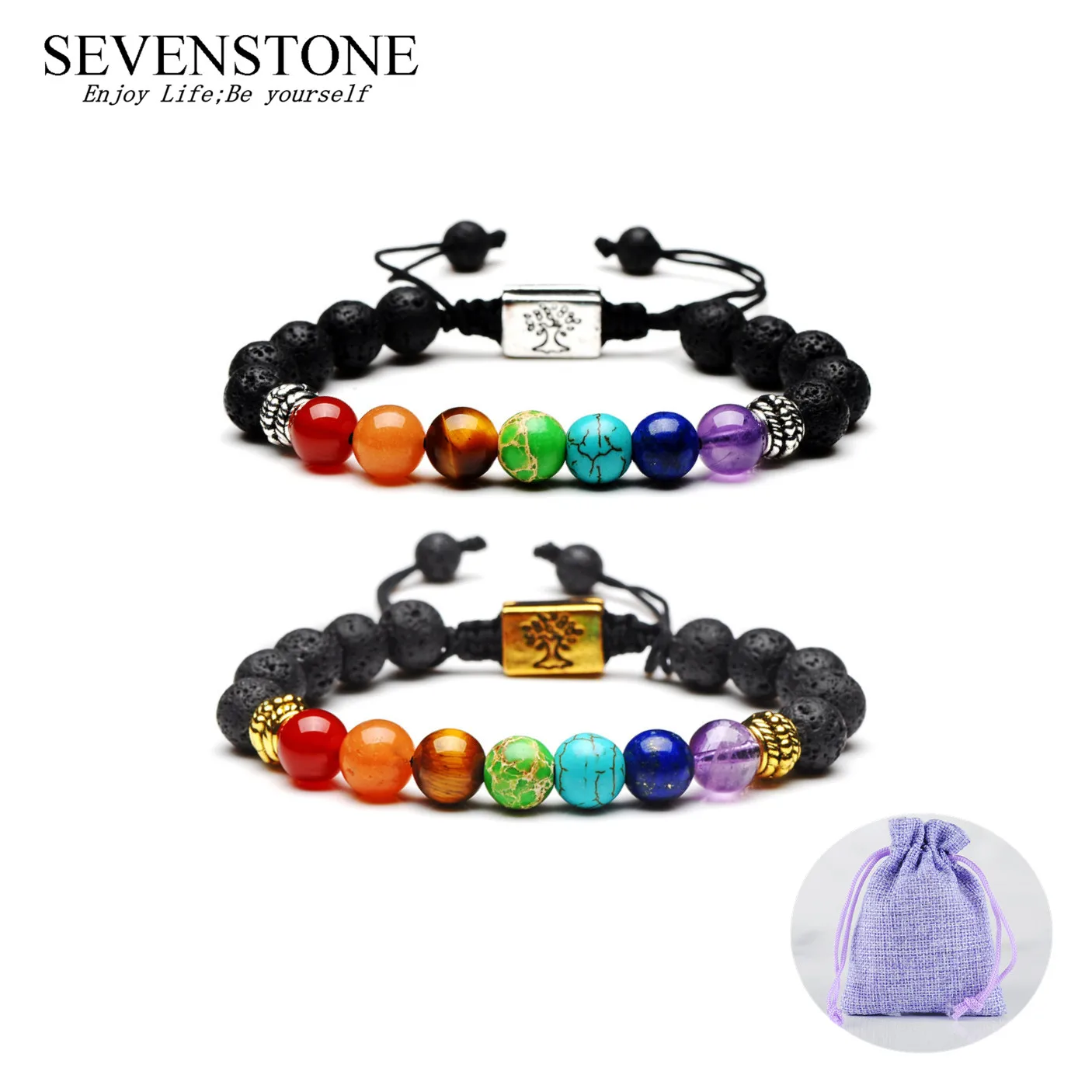 Браслеты SEVENSTONE с гальваническим покрытием и барабанными бусинами 8 мм 7 чакр