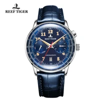 reef tigerrt top brand blue automatic pilot watch men functional mechanical watch waterproof leather band wrist watch rga9122