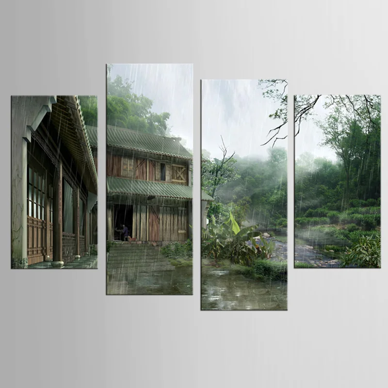 Дождливый день лес стенная роспись в виде здания художественная картина маслом