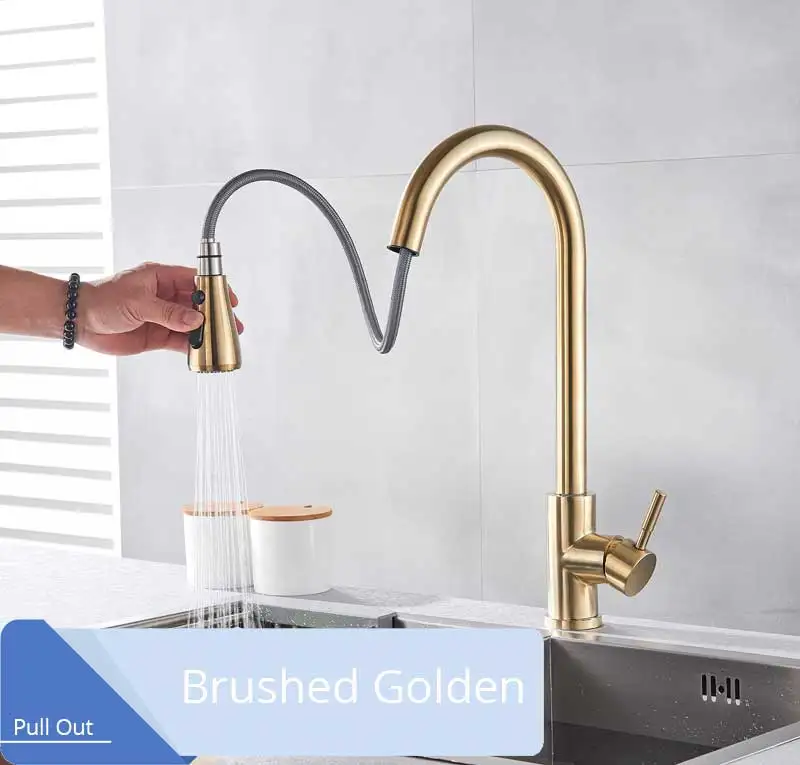 Brushed Golden Черный выдвижной кухонный кран с одной ручкой масло терли бронзовый кран и смеситель для кухонной раковины 2 узора душевой носик горячий холодный кран - Цвет: Brushed Golden