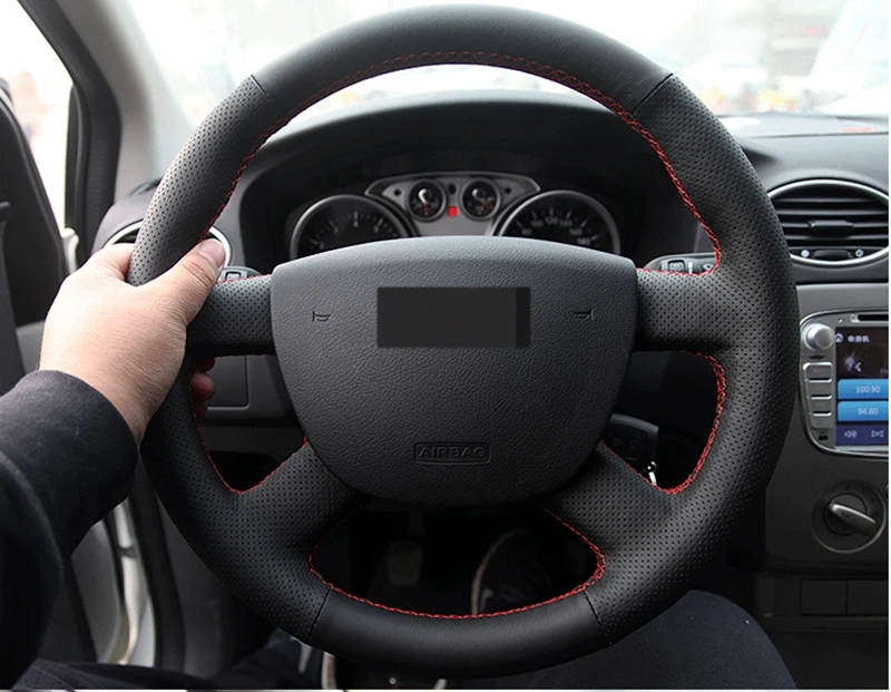 GNUPME черный искусственный кожаный чехол рулевого колеса автомобиля для Ford Focus 2 2005- Специальные Ручные сшитые рулевые чехлы