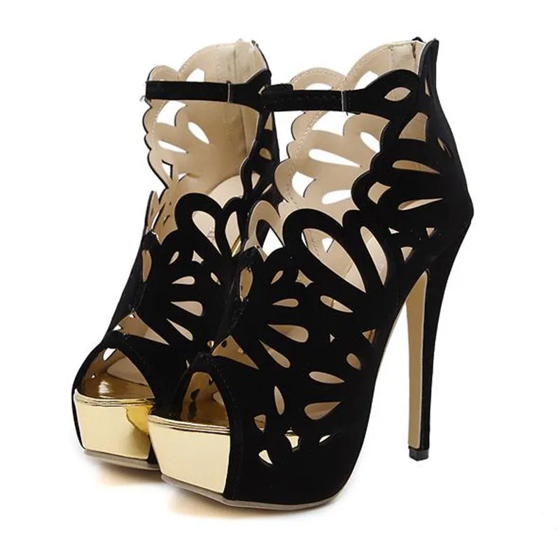 Женская Обувь Летняя Мода Замши Полый Сексуальная Peep Toe платформы 16 см на Высоких