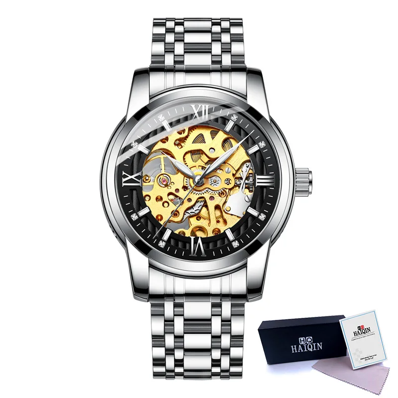 Silver-black Новинка HAIQIN мужские часы Механические золотые роскошные подарочные часы военные водонепроницаемые часы с автоматическим заводом мужские наручные часы mecanico de hombres - Цвет: Silver-black