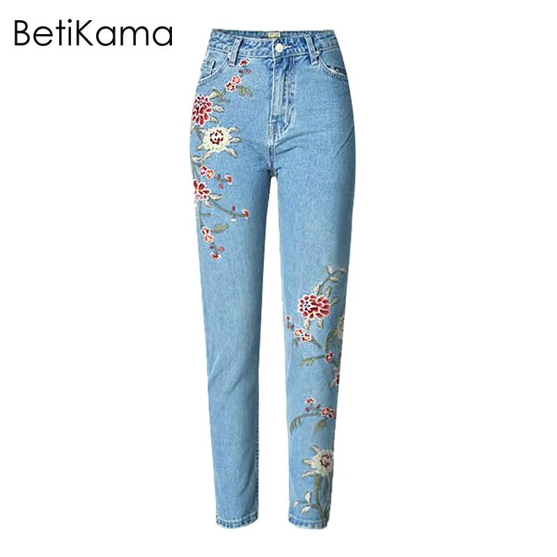 BetiKama модные 3D джинсы с цветочной вышивкой Femme 2017 винтажные джинсовые штаны