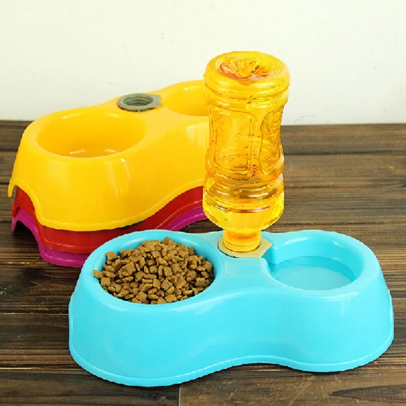 WHISM Plastic Dual Use Dog Bowl Pet Cage Double Bowls For Puppy Cat Automatic Water Drinking Bowls Food Feeding Dish Dogs Feeder