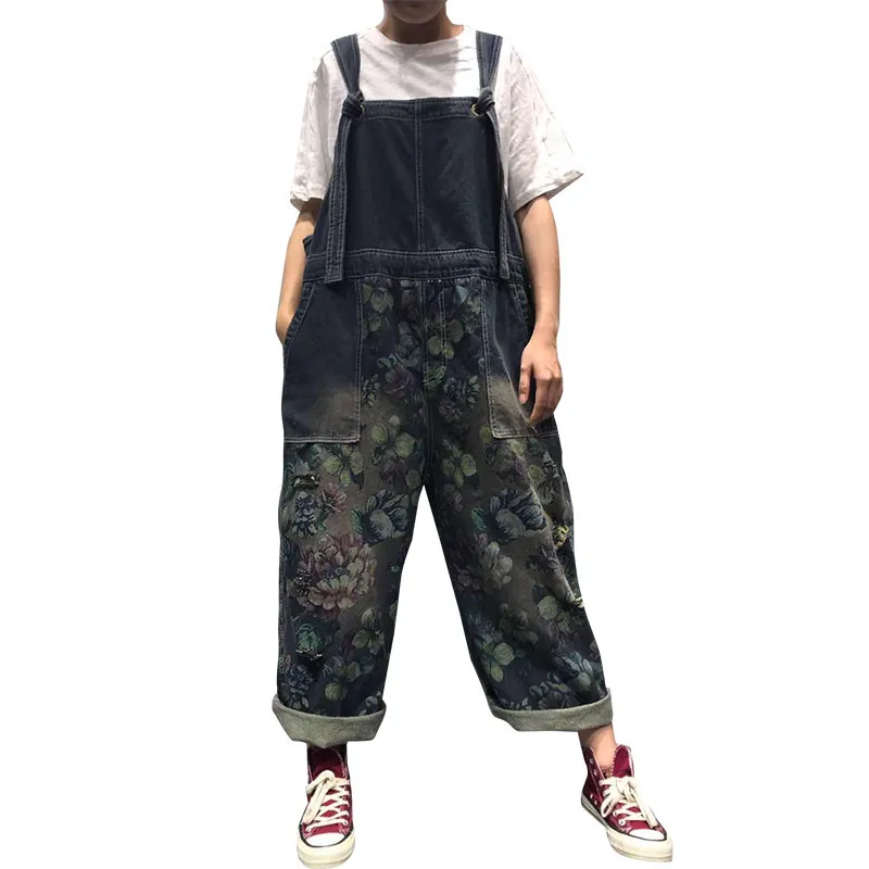 

2019 Summer Women New Jeans Female Personality Stitching Printed Casual Loose Large Size Washed Bib Ankle-length Pants XL-01