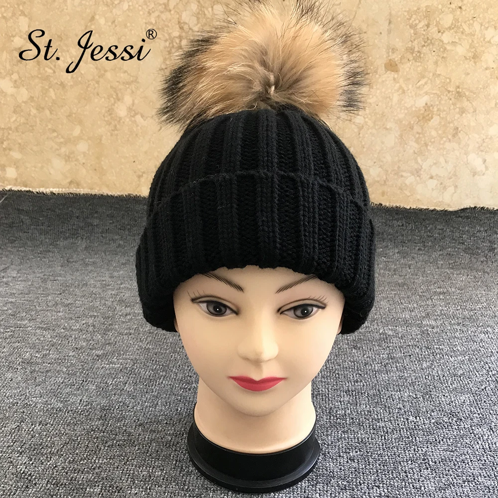 ST. Jessi шерсятная вязаня шапка с помпоном из натурального меха шапка натуральный вязаный пушистый мех помпоны зимняя шапка для мамы и ребенка милые шапки шапка Толстая теплая