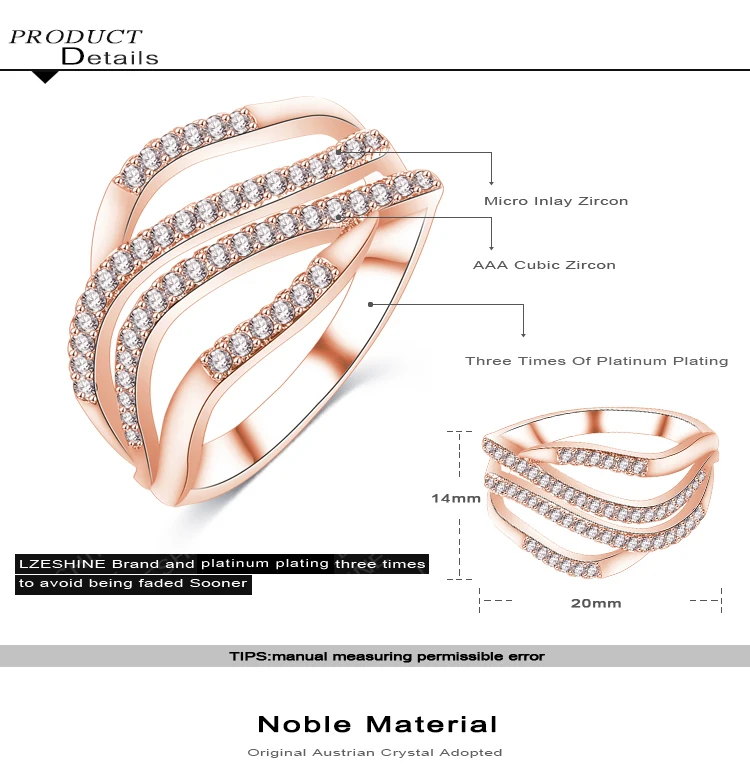 LZESHINE Top Selling Brilliant Ring Rose Gold Color CZ Zircon 4 Rows Wave Shape Women Fashion Jewelry CRI1021 | Украшения и