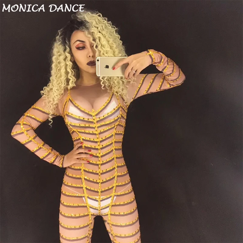 Dance Costumes Rhinestones Jumpsuit Women Sexy Bodysuit Singer Dancer DJ Costume Nightclub Outfit Party Clothing Stage Wear