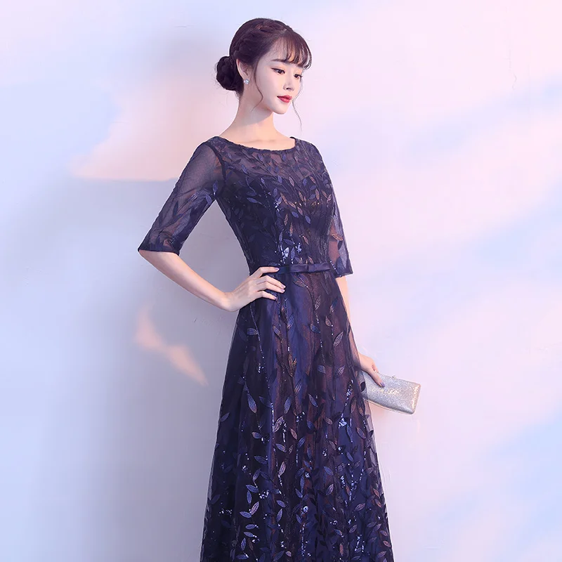 Robe De Soiree/темно синее вечернее платье с круглым вырезом и короткими рукавами