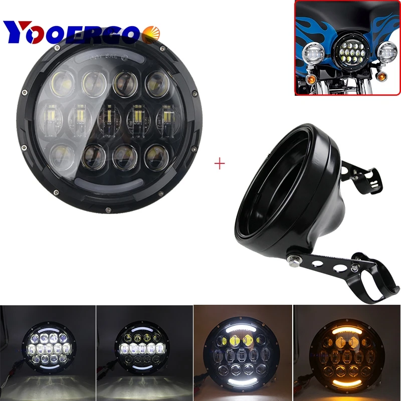 

105W 7 Inch Round LED Headlight with housing bukcet White/ amber Turn Signal DRL Hi-lo Beam for motorcycle