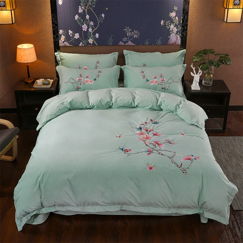 Роскошный китайский стиль с цветочной вышивкой птицы зимний бархатный