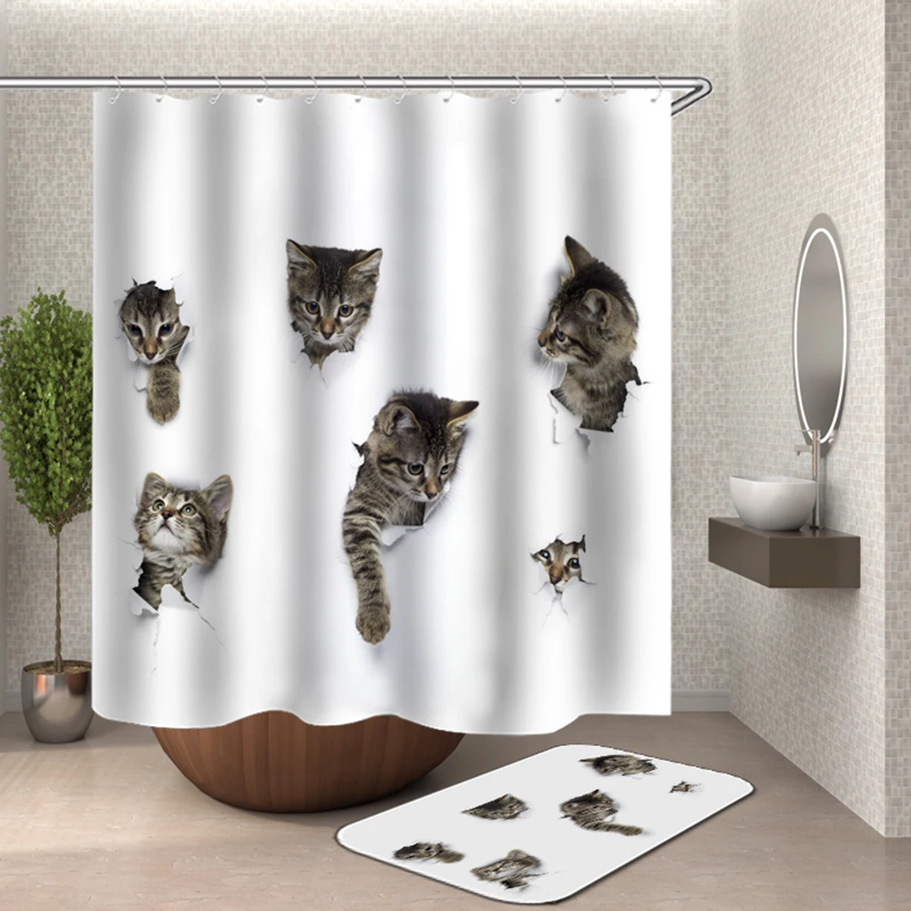 Cat Shower Curtain Bathroom Waterproof Fabric Poyester Bath Cute Pet Door | Дом и сад