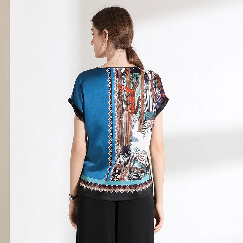 Футболка женская из 100% шелка с принтом о вырезом коротким рукавом и 3 вида