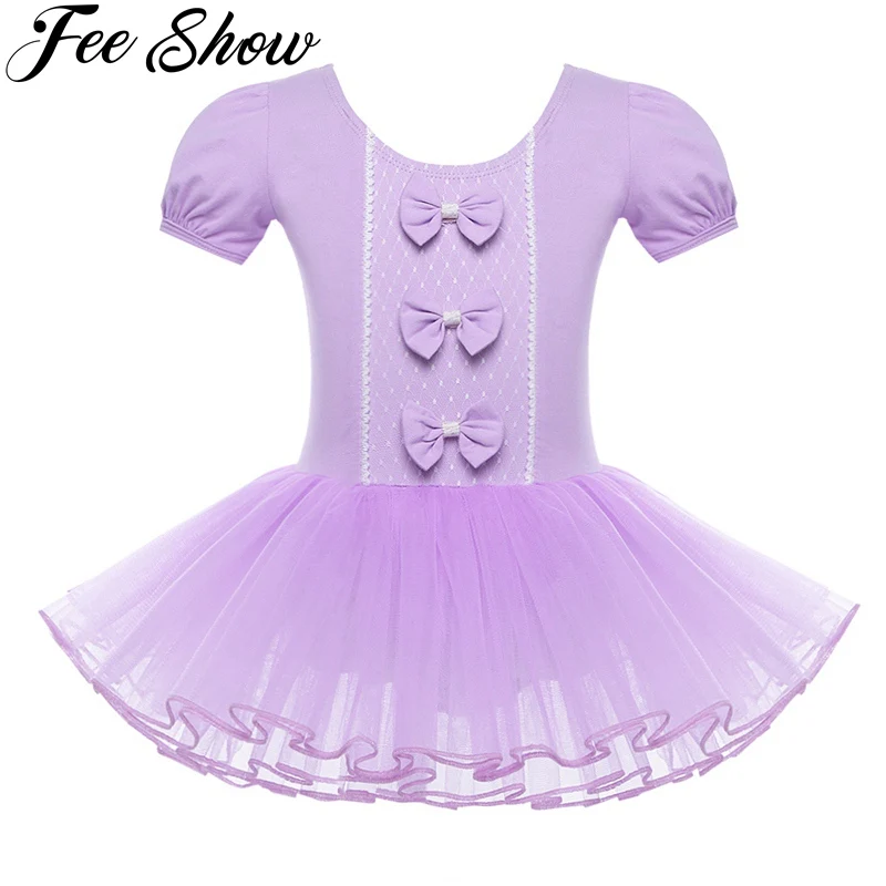 Детское Сетчатое платье с короткими рукавами и бантом для балета гимнастики