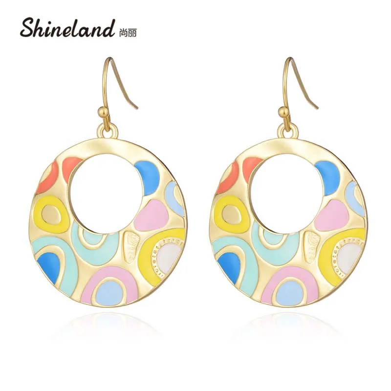 

Shineland 2021 New Fashion Women Colorful Enamel Hollow Circle Dangle Earrings Bohemian Ethnic Jewelry Christmas Wedding Gifts